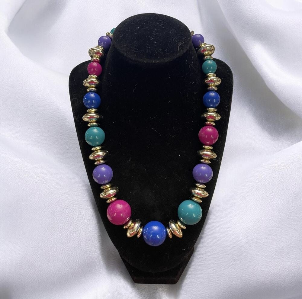 Vintage Colorful Gumball Bead, Gold Tone Disk Spacers Stretch Statement Choker